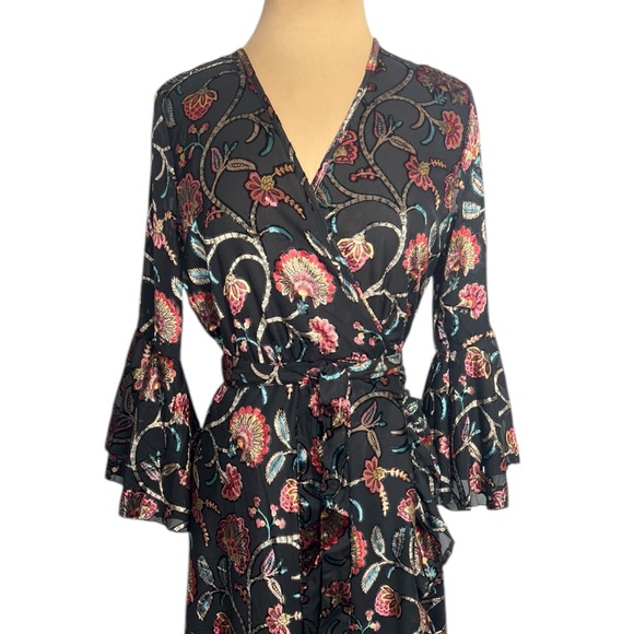 Anthropologie Talisman Black Multicolor Velvet Floral V neck Wrap Midi Dress - Picture 4 of 16